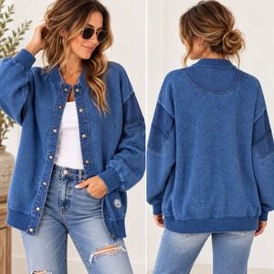 Vintage Blue Willis Indigo Cotton Denim Patchwork Knit Cardigan Sweater Mens Lg